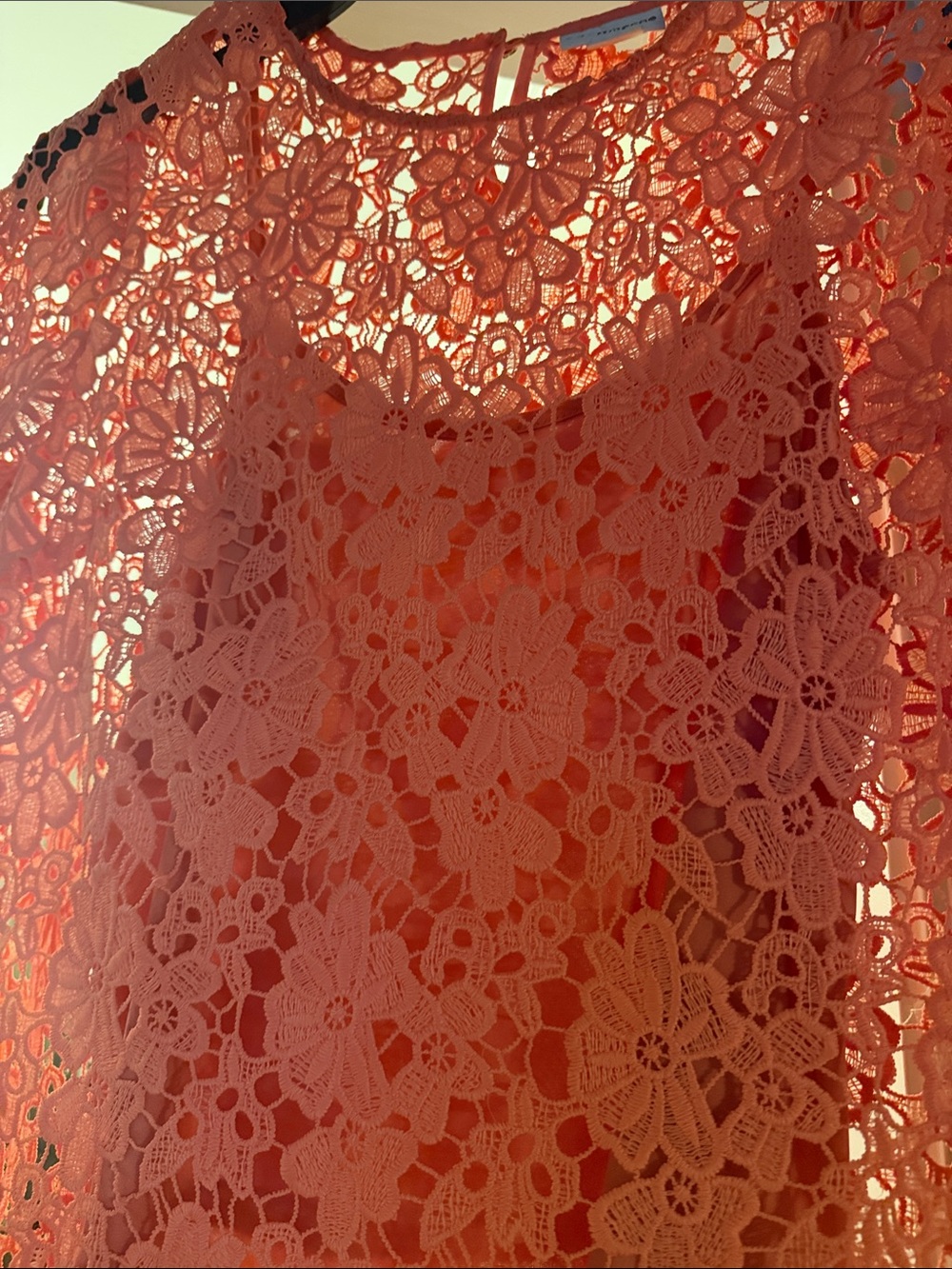 Floral Crochet Overlay Dress in Coral Pink